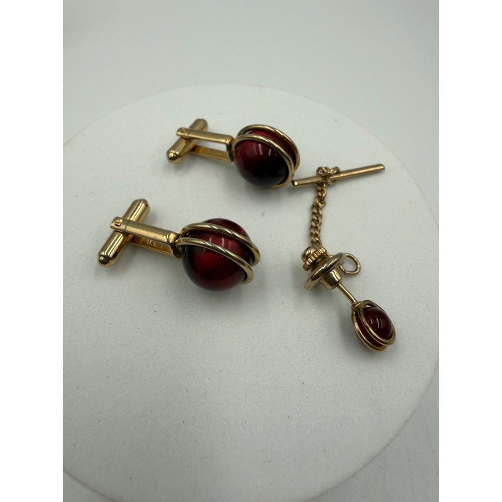 Vintage Hickok USA Red Orb Cage Cufflinks and Tie Tack Set Gold Tone Mid Century